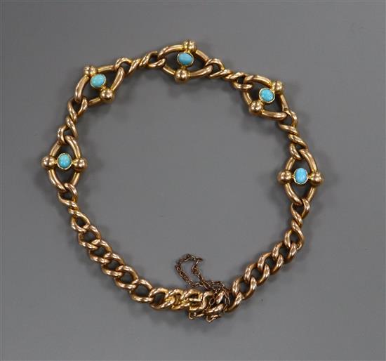 A Victorian 15ct curb link bracelet, mounted with turquoise gross 11.8 grams.